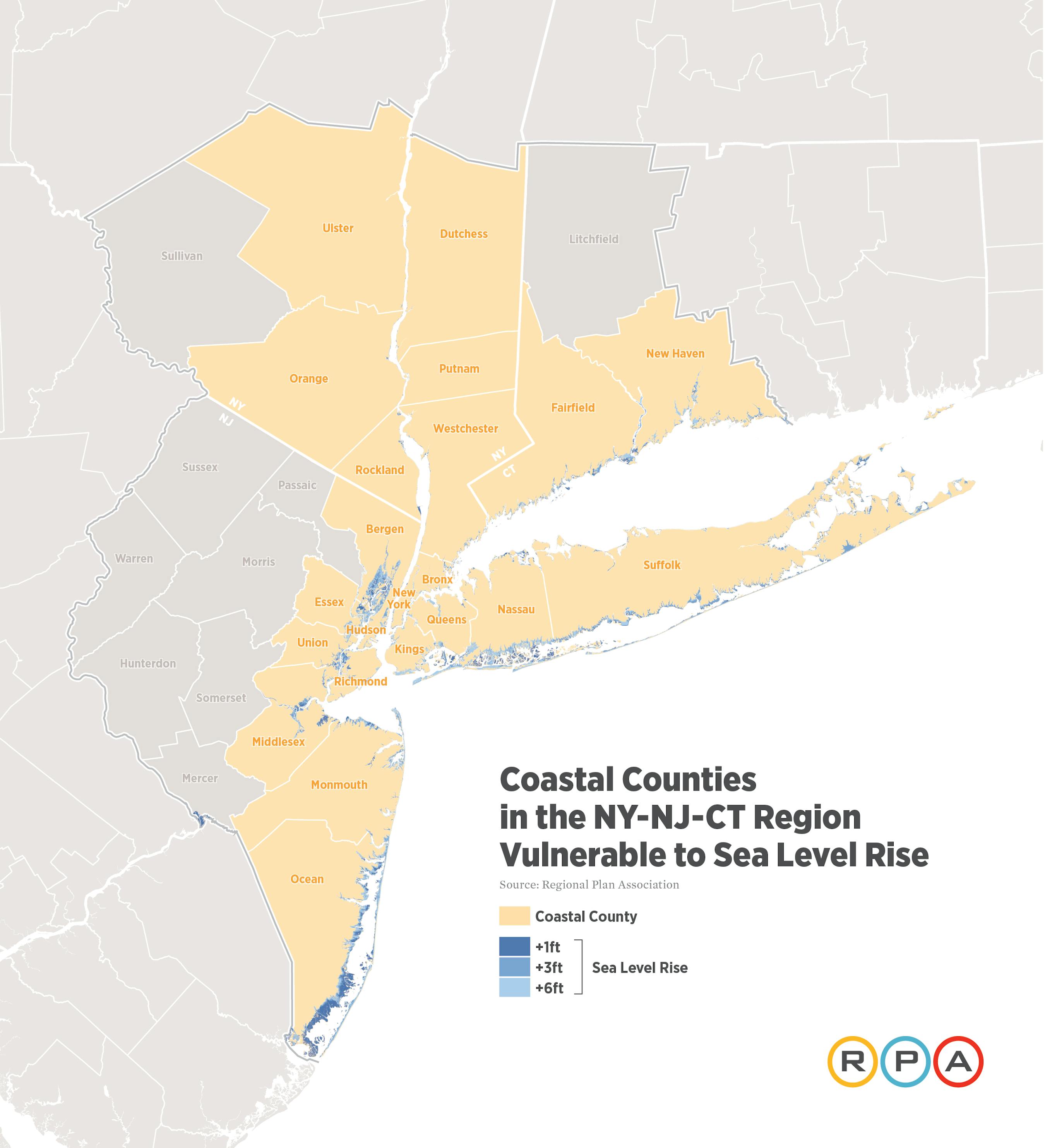 RPA Coastal Counties in the NY NJ CT Region Vulnerable SLR